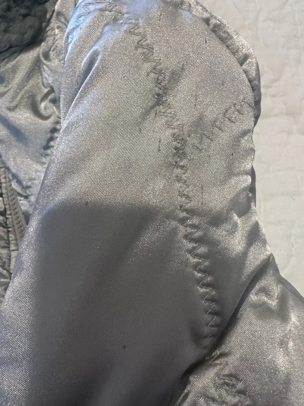 GENERATION Y Shimmery Silver Quilted Puffer with Faux Fur Trim